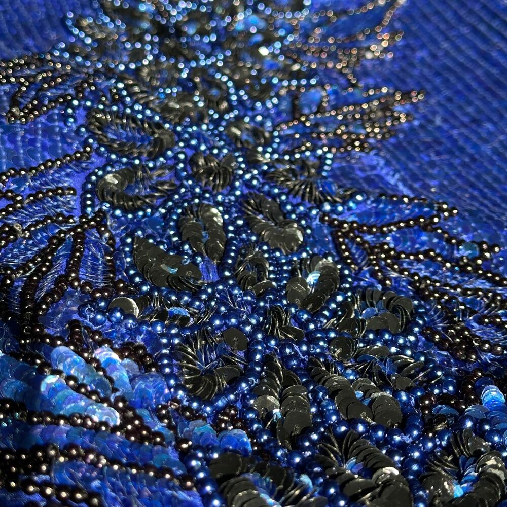 Stenay Cobalt Blue Hand-Beaded Silk Top - Sequin Vintage Glam - Handmade - XL - Picture 15 of 16